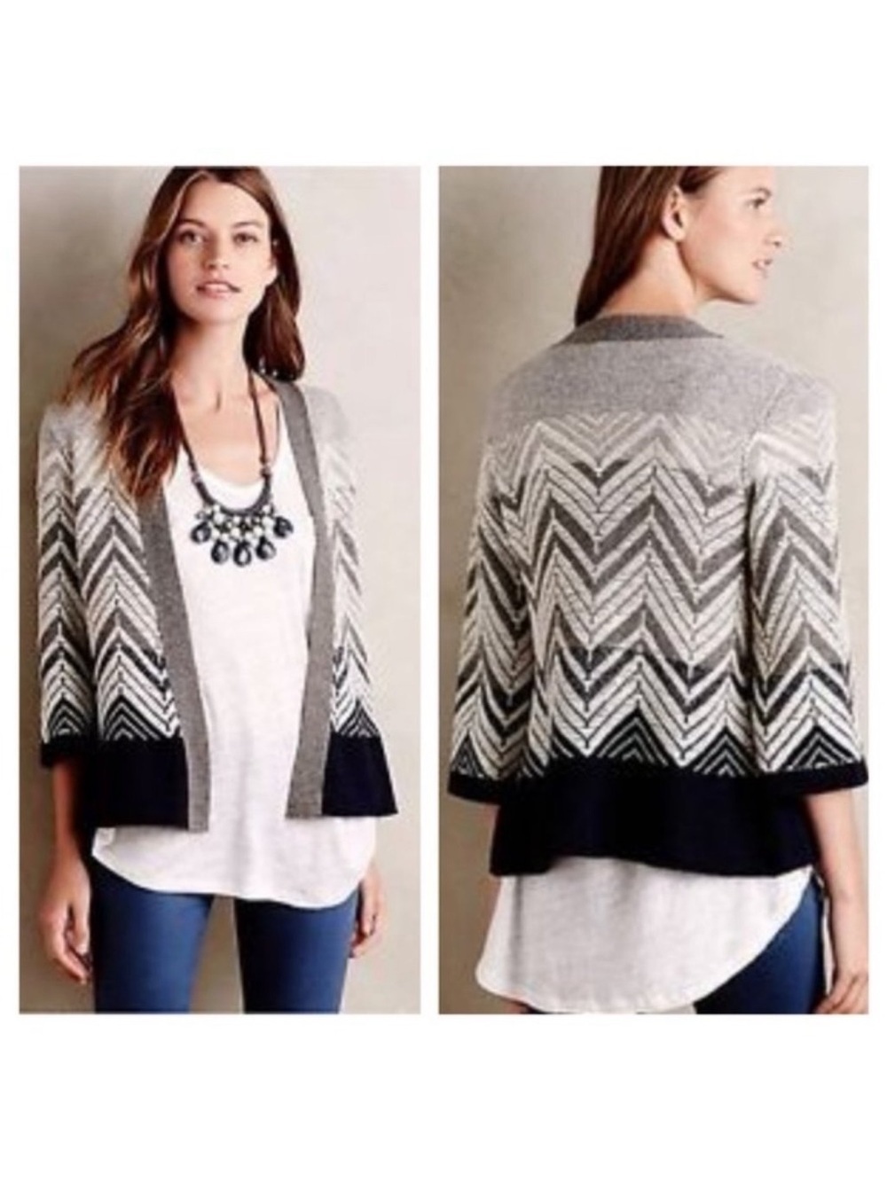 🌸2/$25 Moth Anthropologie Grey Cream Chevron Open Cardigan black/deep navy